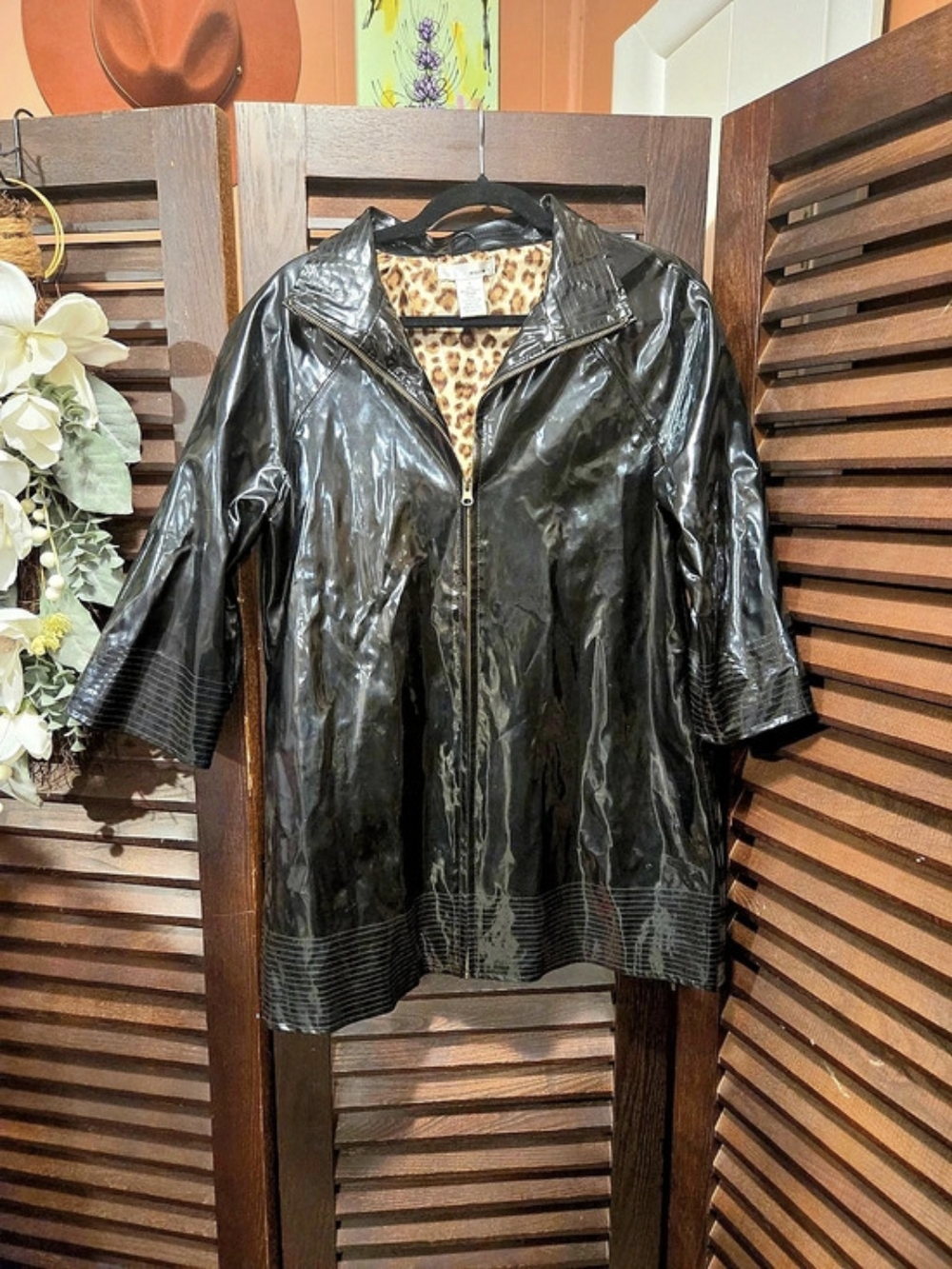 WD·NY Patent Leather Leopard Lined Jacket Size 4 Like New